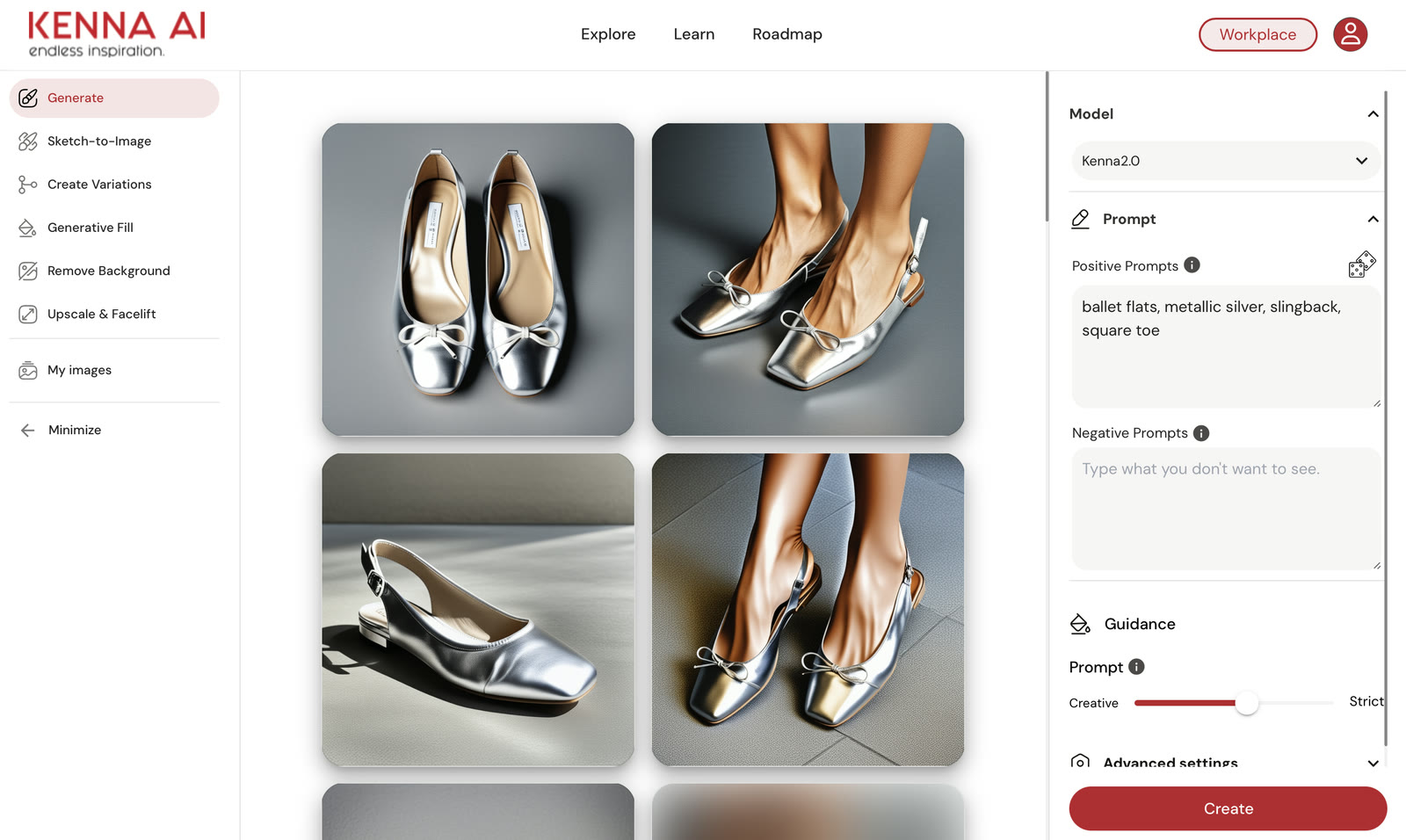 Kenna generate workspace with prompt, model and guidance controls