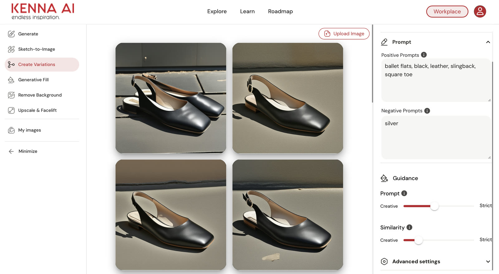 Kenna Create Variations workspace showing four shoe variations