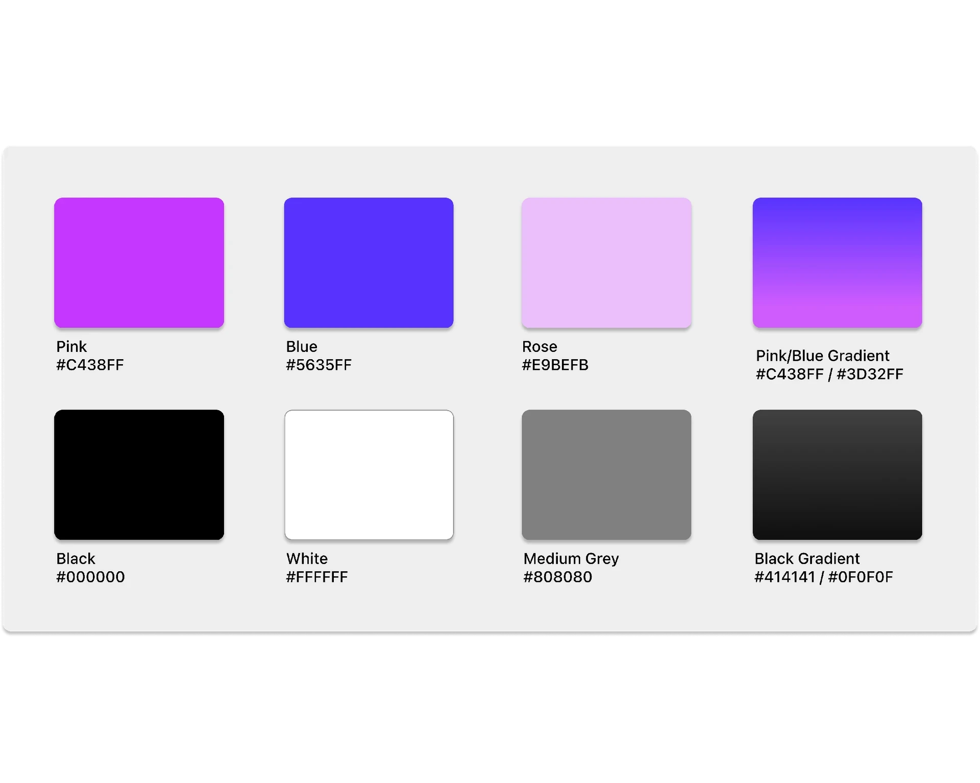 Color palette: pink, blue, rose, pink-blue gradient, black, white, grays