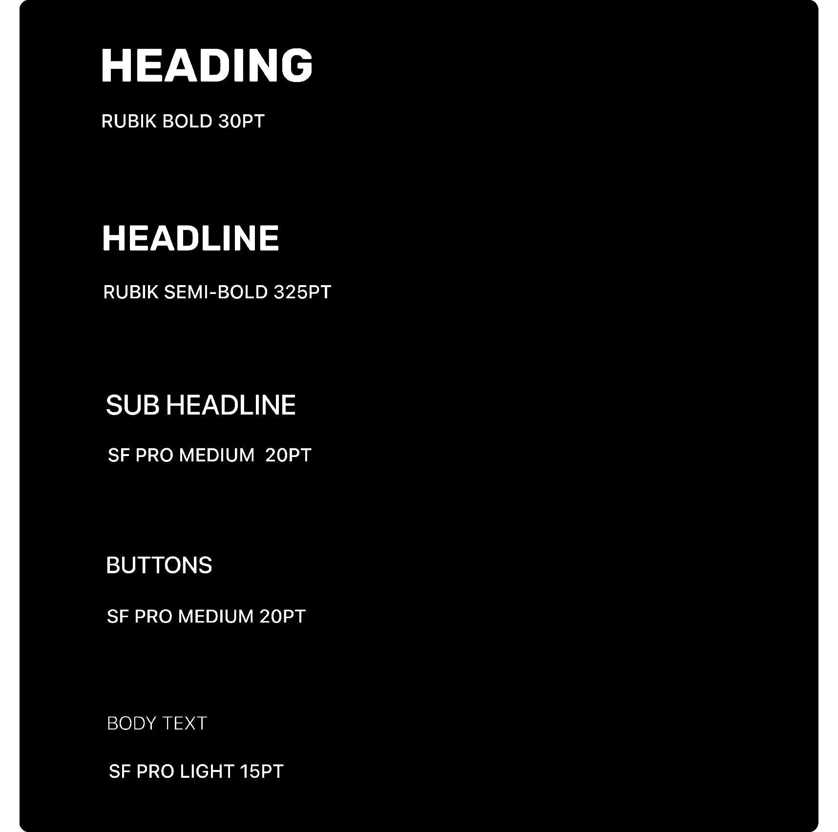 Type scale: Rubik bold and semibold headings, SF Pro for UI and body