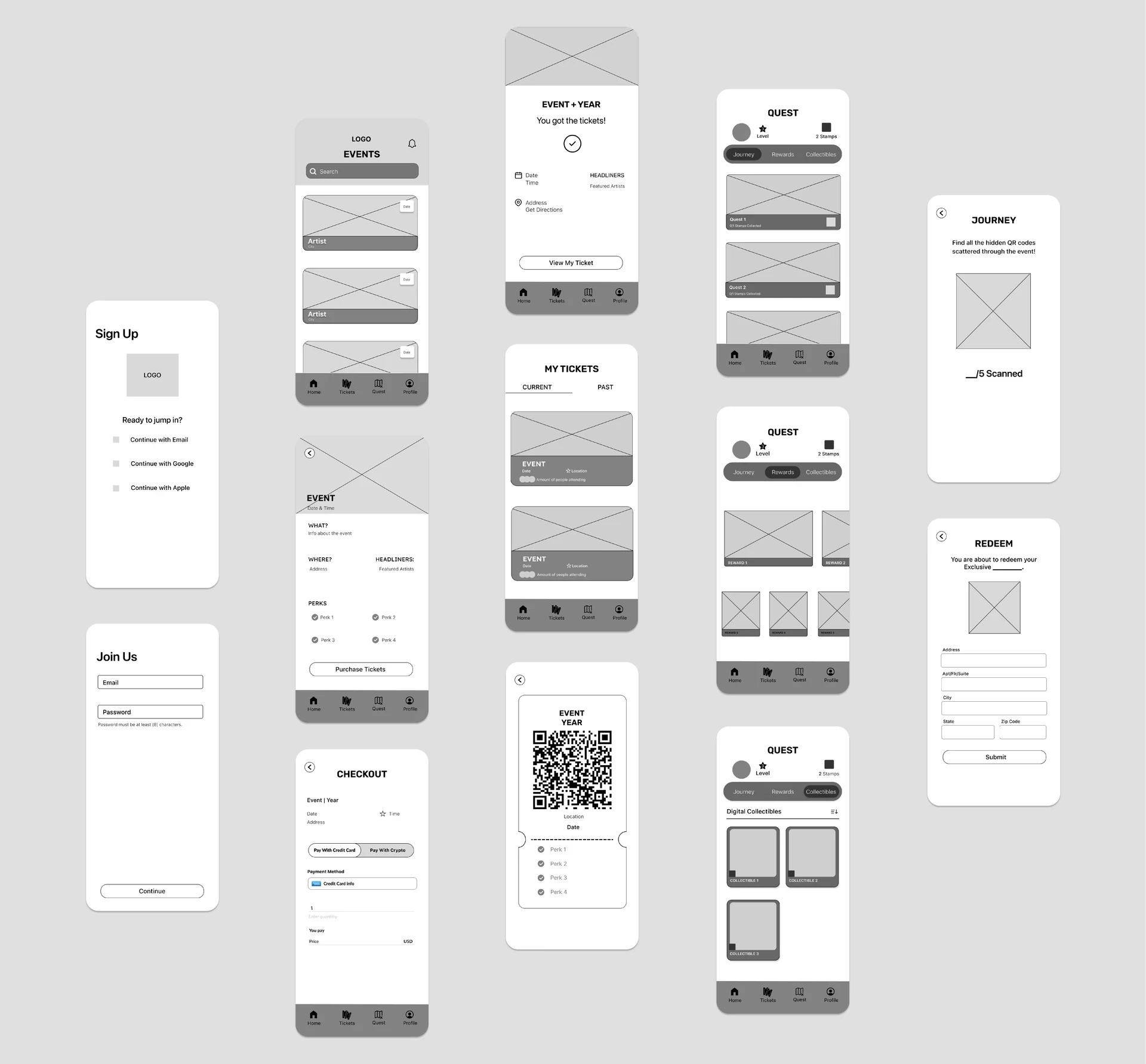 Low-fidelity wireframes of the MAP3 mobile app